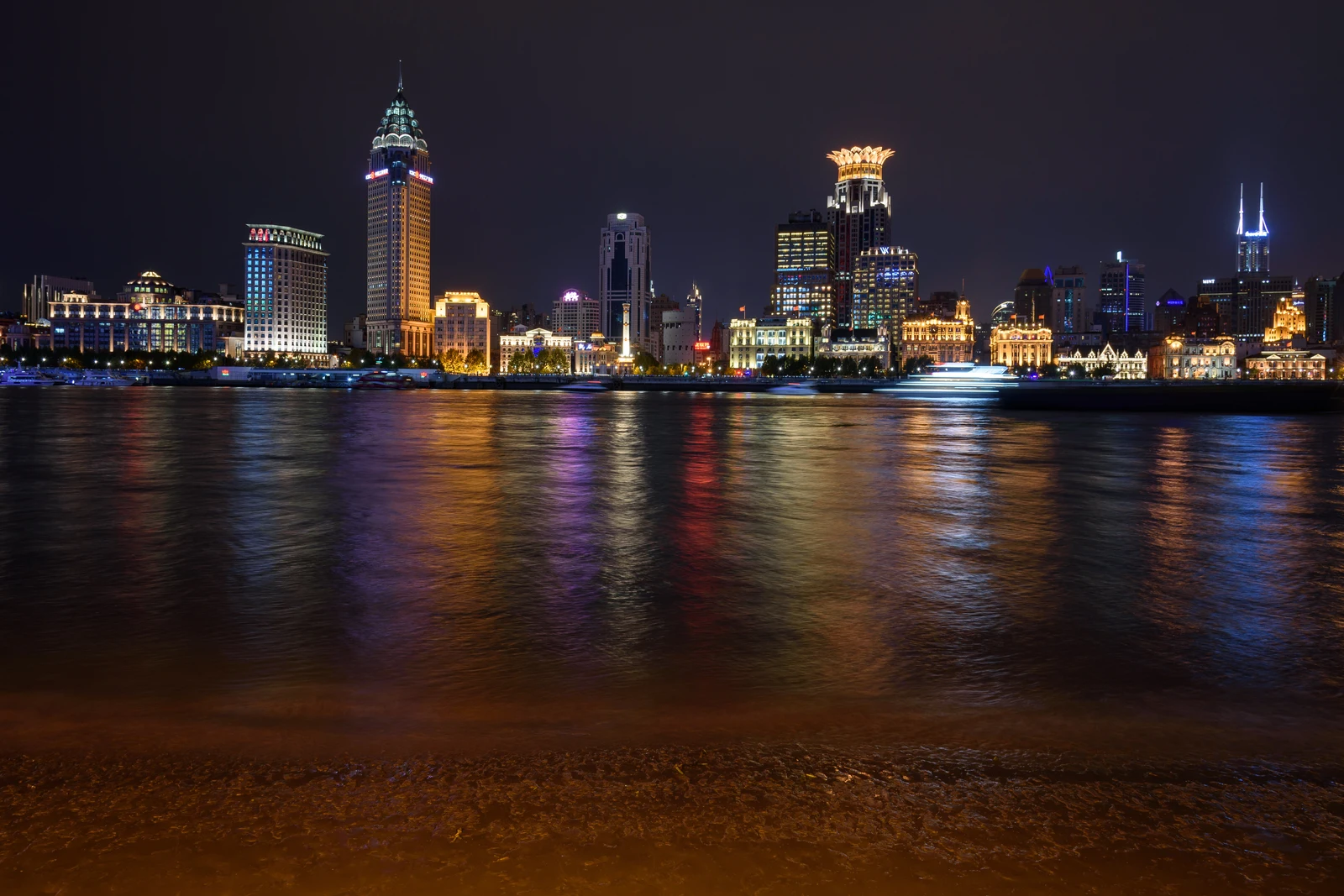 Shanghai historic Bund waterfront illuminated across the Huangpu River at night